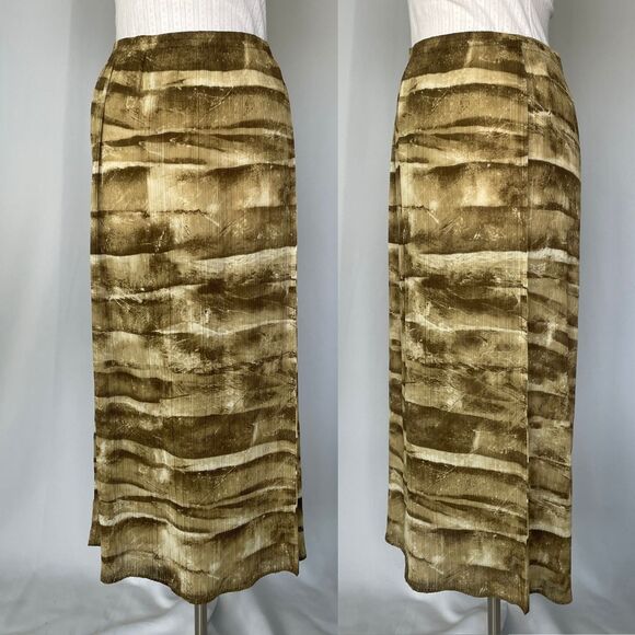 Boho Midi Skirt Size Small Green Brown Abstract Crinkle Pleated Fairy Whimsigoth - Picture 13 of 13